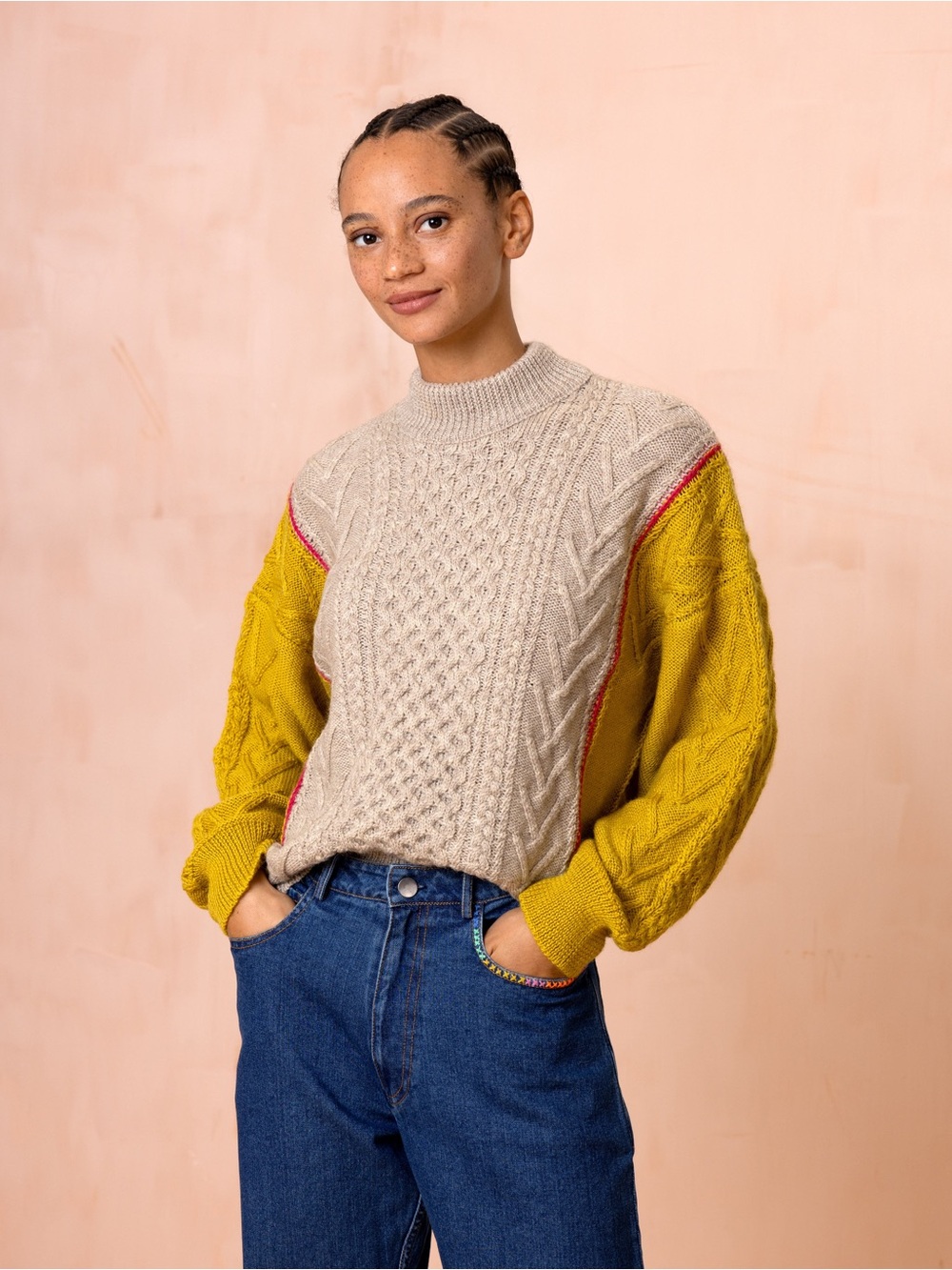 Oilily Beige Cable-Knit Sweater with Mustard Sleeves